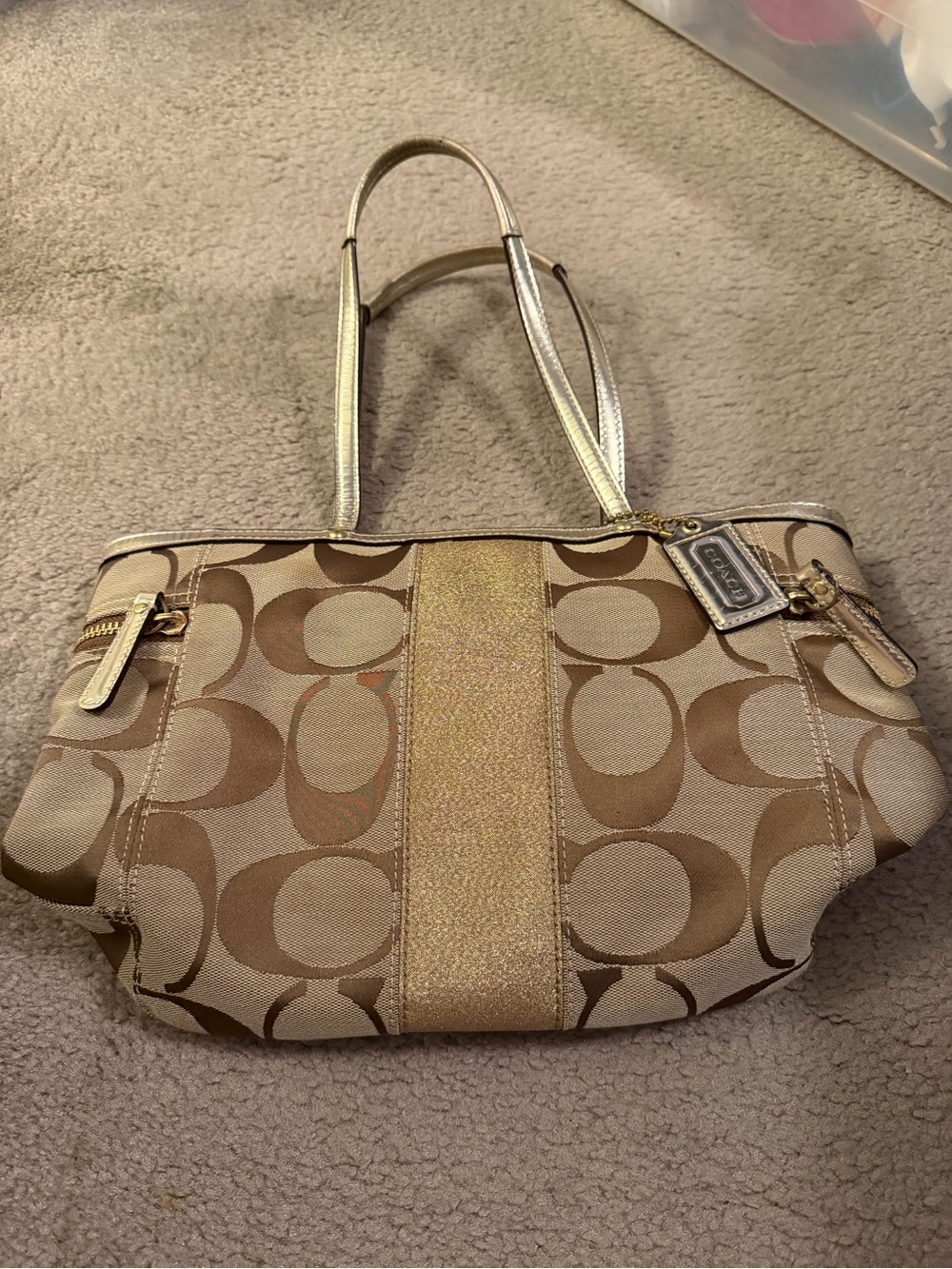 Coach Khaki Signature Canvas Shoulder Tote with Gold Trim